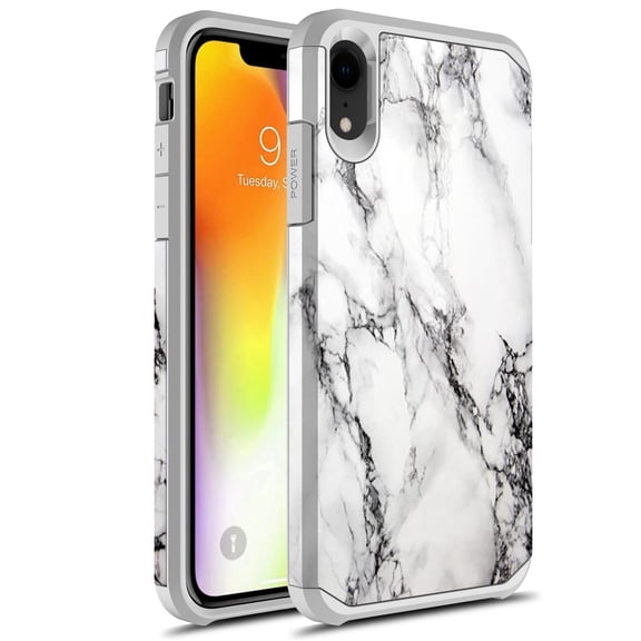 iPhone XR Case, Rosebono Slim Hybrid Dual Layer Graphic Fashion Colorful Cover Armor Case for Apple iPhone XR (White Marble)