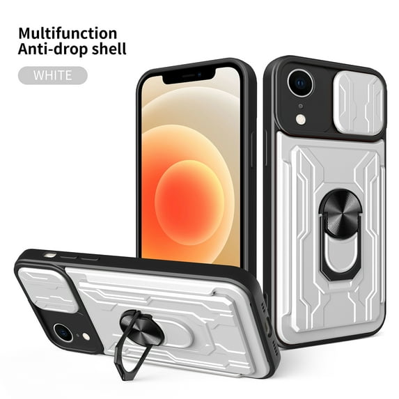 for iPhone XR Case with Slide Camera Cover, Detachable Card Slot Holder Ring Kickstand, Support Magnet Car Mount, Heavy Duty Military Grade Protection Cover for iPhone XR, White