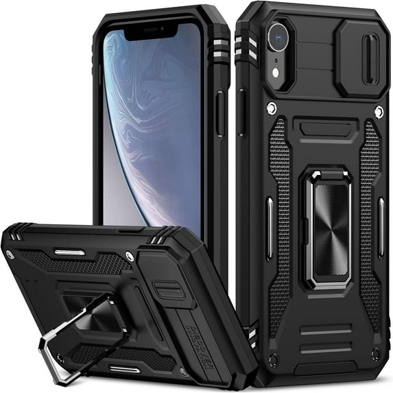 iPhone XR Case with Slide Camera Cover Drop Tested Military Grade Heavy Duty Protective Durable Sturdy Rotate Ring Kickstand Phone Case for iPhone XR(Black)