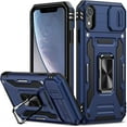 thumbnail image 1 of iPhone XR Case with Slide Camera Cover Drop Tested Military Grade Heavy Duty Protective Durable Sturdy Rotate Ring Kickstand Phone Case for iPhone XR(Blue), 1 of 13