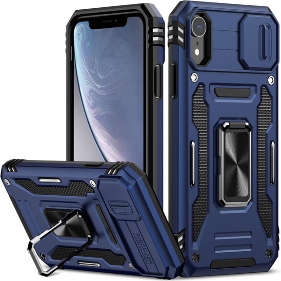 iPhone XR Case with Slide Camera Cover Drop Tested Military Grade Heavy Duty Protective Durable Sturdy Rotate Ring Kickstand Phone Case for iPhone XR(Blue)