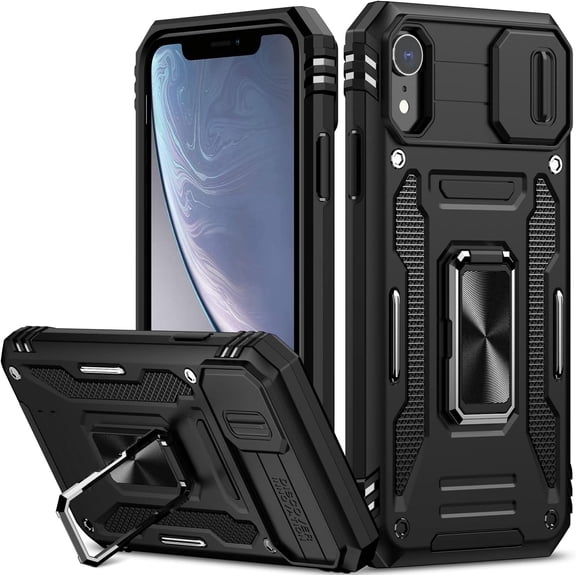 for iPhone XR Case with Slide Camera Cover Drop Tested Military Grade Heavy Duty Protective Sturdy Rotate Ring Kickstand Phone Case for iPhone XR(Black)