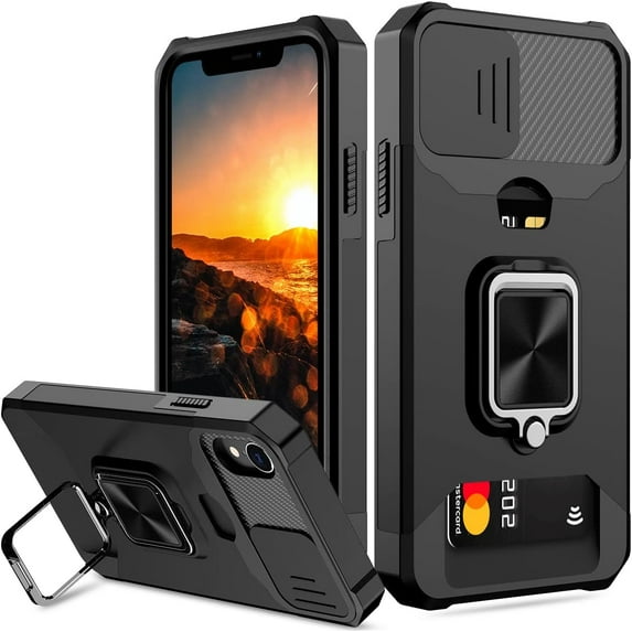 iPhone XR Case with Sliding Camera Cover and Card Holder Heavy Duty Protective iPhone XR Case with Ring Magnetic Kickstand Phone Case for iPhone XR 6.1''(Black)