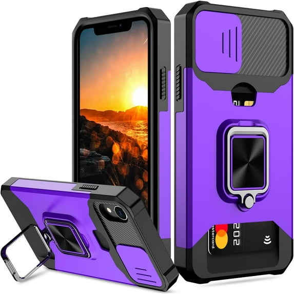 iPhone XR Case with Sliding Camera Cover and Card Holder,Heavy Duty Protective iPhone XR Case with Ring Magnetic Kickstand Phone Case for iPhone XR 6.1''(Purple)