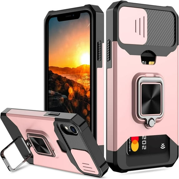 iPhone XR Case with Sliding Camera Cover and Card Holder Heavy Duty Protective iPhone XR Case with Ring Magnetic Kickstand Phone Case for iPhone XR 6.1''(Rose Gold)