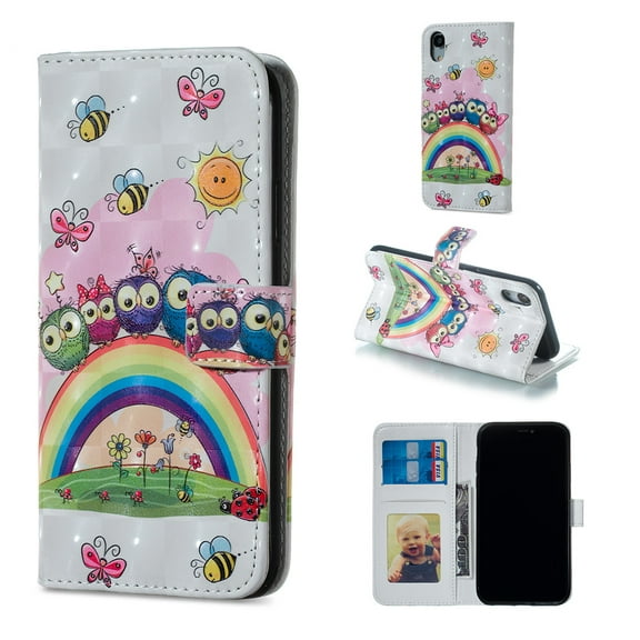 iPhone XR Case Wallet, iPhone XR 2018 Case, Allytech 3D Emboss Leather Flip Protective Case Cover & Credit Card Slots Pocket, Support Kickstand Slim Case for Apple iPhone XR (Rainbow Owl)