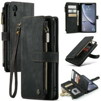 for iPhone XR Case, Wallet Case with Card Holder Kickstand Magnetic Zipper Pocket Lanyard Strap Wristlet,Leather Flip Case Wallet for iPhone XR, Black