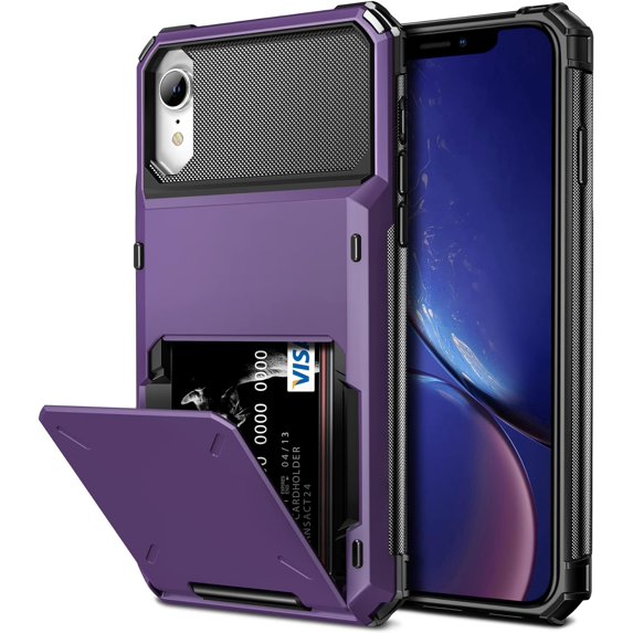 for iPhone XR Case Wallet Cover 4-Card Credit Card Holder ID Slot Scratch Resistant Dual Layer Hybrid Protective Hard Shell Rugged TPU Bumper Armor Case for iPhone XR 6.1 inch GreyPurple