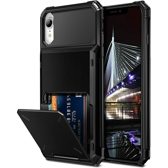 for iPhone XR Case Wallet ID Slot Credit Card Holder Spring Pocket for Men Women Scratch Resistant Dual Layer Protective Bumper Rugged TPU Rubber Armor Hard Shell Cover for iPhone XR 10R Black