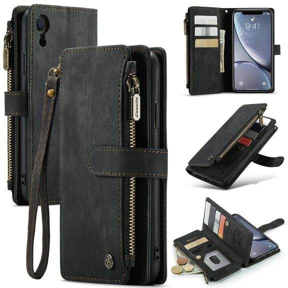 for iPhone XR Case Wallet for Women and Men, iPhone XR Case, PU Leather Magnetic Flip Strap Wristlet Zipper Card Holder Wallet Business Phone Cover for iPhone XR, Black