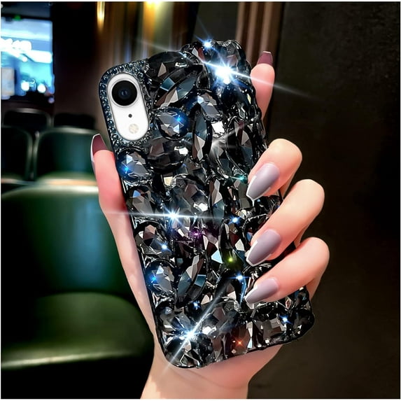 for iPhone XR Case for Women(6.1 inch),Very Shiny Luxury Bling Phone Case with 3D Glitter Sparkle Crystal Rhinestone Diamond Gems on Hard Reflective PC Back Cover for Girls(Black)