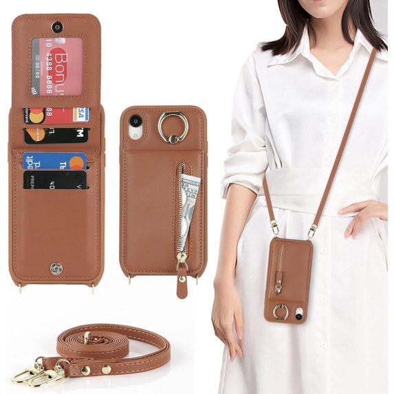iPhone XR Case for Women with Card Holder, iPhone XR Phone Case with Strap,iPhone XR Crossbody Lanyard Cases with Credit Card Slots Kickstand with Ring Holder Stand Case,6.1 Inch,Brown