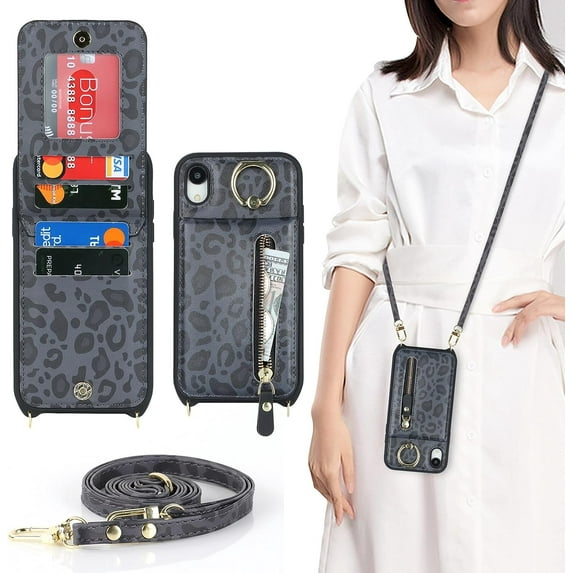 iPhone XR Case for Women with Card Holder,iPhone XR Phone Case with Strap,iPhone XR Crossbody Lanyard Cases with Credit Card Slots Kickstand and Stand Case Ring Holder,6.1" Black Leopard