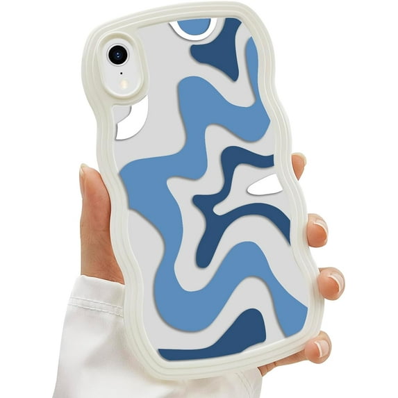 for iPhone XR Case for Women Girls Cute Painted Blue Wavy Water Streak Design Case Shock-Absorbing and Fall-Resistant, Lens Edge Raised Protection for iPhone XR Phone Case 6.1"-Blue