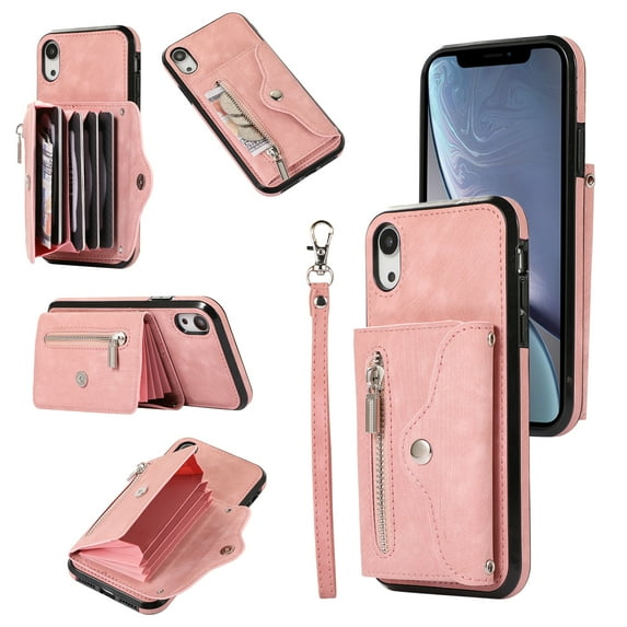 for iPhone XR Case with Zipper Card Holders and Crossbody Strap & Short Belt for Women, RFID Blocking PU Leather Button Flip Shockproof Wallet Case Cover for iPhone XR - Rosegold