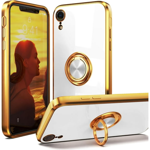 for iPhone XR Case,for iPhone XR Case with 360Ring Holder Stand Magnetic Kickstand,Lightweight Slim Fit Plated Rose Gold Edge Soft TPU Bumper Camera Protection Shockproof Non-Slip Cover,White
