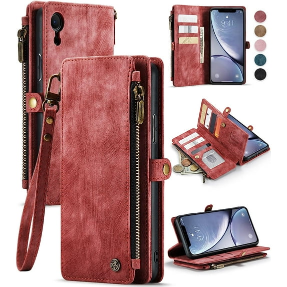 for iPhone XR Case, for iPhone XR Wallet Case for Women Men, for iPhone XR Case with Card Holder, PU Leather Flip Magnetic Strap Zipper Wallet Phone Case for iPhone XR, Red