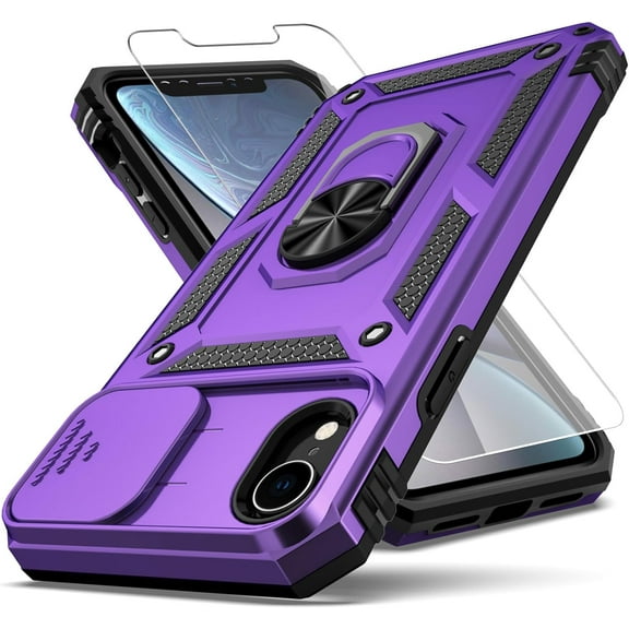 for iPhone XR Case,with Camera Lens Cover HD Screen Protector,[Military Grade] Ring Car Mount Kickstand Hybrid Hard PC Soft TPU Shockproof Protective Case for iPhone XR-Purple