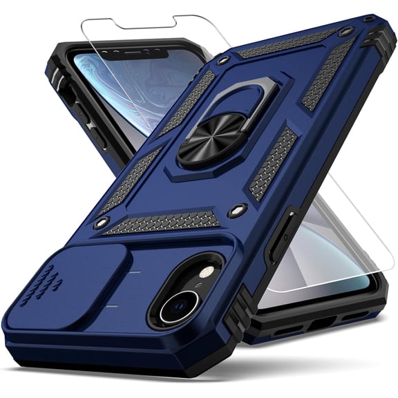 for iPhone XR Case,with Camera Lens Cover HD Screen Protector,[Military Grade] Ring Car Mount Kickstand Hybrid Hard PC Soft TPU Shockproof Protective Case for iPhone XR-Blue