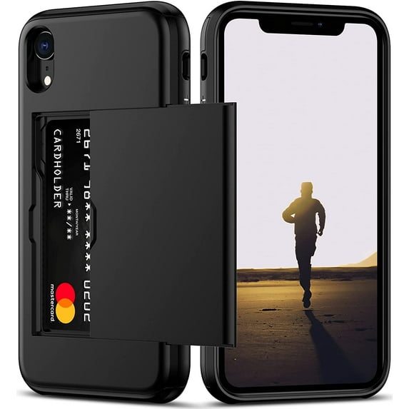 iPhone XR Case with Card Holder Heavy Duty Protective Dual Layer Shockproof Hidden Card Slot Slim Wallet Case for iPhone XR for Men&Women(Black)