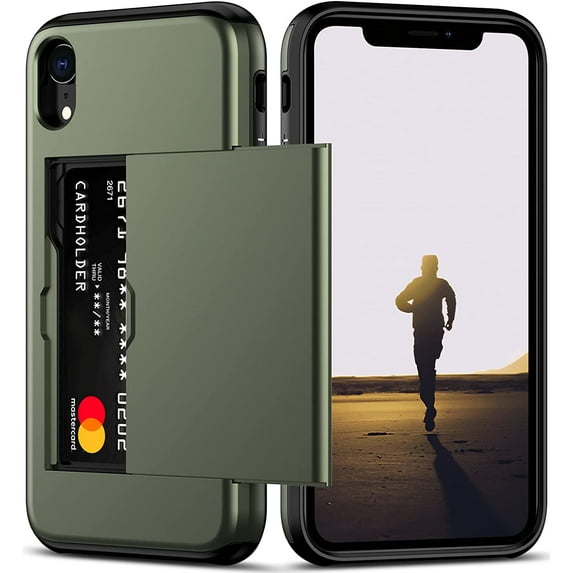 iPhone XR Case with Card Holder Heavy Duty Protective Dual Layer Shockproof Hidden Card Slot Slim Wallet Case for iPhone XR for Men&Women(Green)