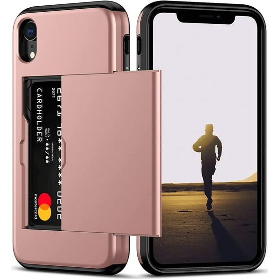 iPhone XR Case with Card Holder Heavy Duty Protective Dual Layer Shockproof Hidden Card Slot Slim Wallet Case for iPhone XR for Men&Women(Rose Gold)