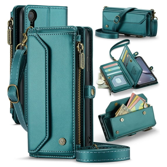 for iPhone XR Full Body Protection Wallet Folio Flip Case, Shoulder Strap & Wristlet Card Slots Zipper Pocket RFID Blocking Rugged Durable PU Leather Phone Case Cover, Green