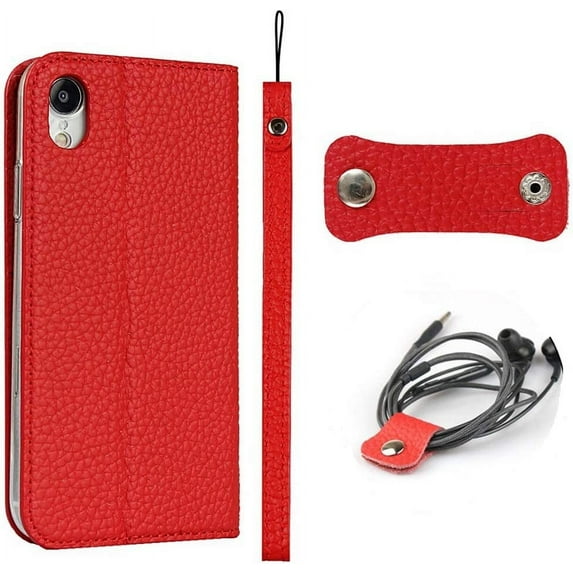 iPhone XR Genuine Cowhide Leather Wallet Case,Headset Winder,Flip Folio Magnetic Closure,Card Holder Slots,Kickstand,Cash Pockets Wrist Strap Cover Case for iPhone XR,6.1",Red