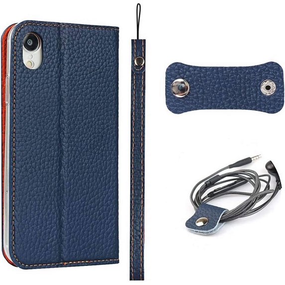 iPhone XR Genuine Cowhide Leather Wallet Case,Headset Winder,Flip Folio Magnetic Closure,Card Holder Slots,Kickstand,Cash Pockets Wrist Strap Cover Case for iPhone XR,6.1",Dark Blue