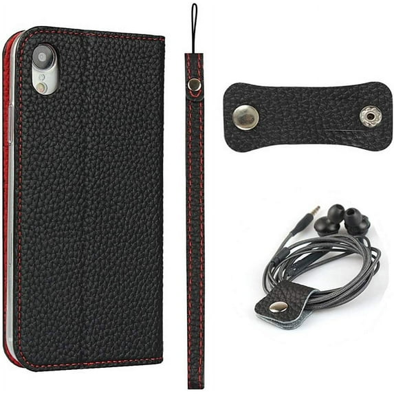 iPhone XR Genuine Cowhide Leather Wallet Case,Headset Winder,Flip Folio Magnetic Closure,Card Holder Slots,Kickstand,Cash Pockets Wrist Strap Cover Case for iPhone XR,6.1",Black