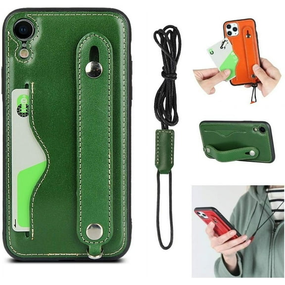 iPhone XR Genuine Leather Wallet Case,Lanyard Necklace Neck Strap with Kickstand Credit Card Holder Wrist Strap Band Phone Protective Back Cover Case for Apple iPhone XR 6.1 Inch,Green