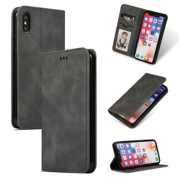 iPhone XR Leather Case, Dteck Smooth PU Leather Flip Folio Wallet Card Slots Case Cover Stand Feature & Magnetic Closure For Apple iPhone XR 6.1 inch, Gray