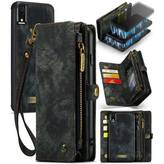iPhone XR Leather Detachable Wallet Zipper Case with 8 Card Slots Holder Magnetic case for iPhone XR Flip Wallet Handle Wrist Strap Shockproof Pocket Handbag for Man Woman, Black
