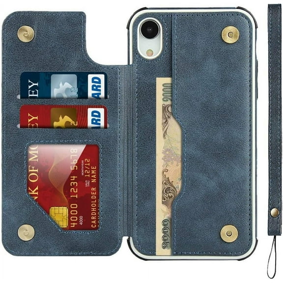 iPhone XR Luxury PU Leather Wallet Case with Card Holder,2 Magnetic Clasp,Card Cash Slots,Stand Function Flip Wrist Lanyard Strap Back Case for iPhone XR, 6.1",Blue