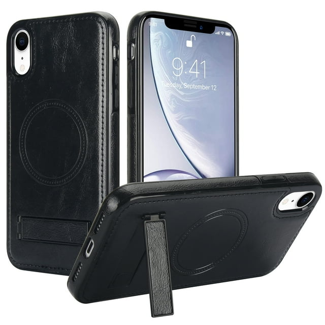 for iPhone XR PU Leather Back Case, Built-in Invisible Stand [Compatible with Magsafe] Protective Slim Kickstand Anti-fall Phone Cover Compatible with iPhone XR, Black