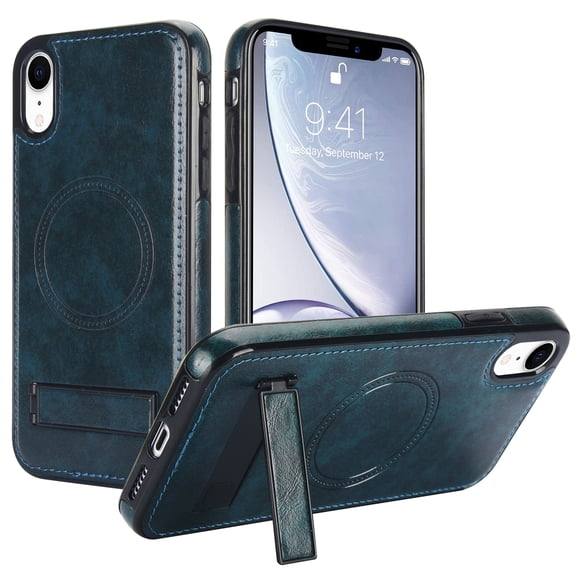 for iPhone XR PU Leather Back Case, Built-in Invisible Stand [Compatible with Magsafe] Protective Slim Kickstand Anti-fall Phone Cover Compatible with iPhone XR, Blue