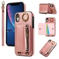 thumbnail image 1 of for iPhone XR PU Leather Case, Card Slots and Zipper Pocket Kickstand, Classic Protective Shockproof Lightweight Ultra Slim lip Case Finger Ring Wrist Strap for iPhone XR, Pink, 1 of 7