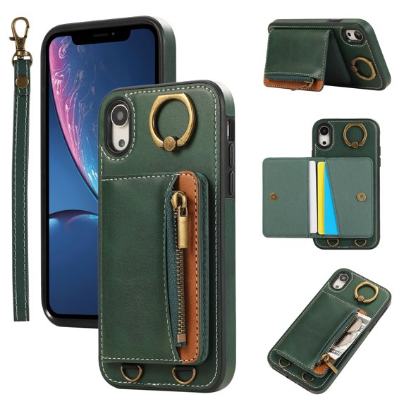 for iPhone XR PU Leather Case, Card Slots and Zipper Pocket Kickstand, Classic Protective Shockproof Lightweight Ultra Slim lip Case Finger Ring Wrist Strap for iPhone XR, Green