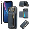 thumbnail image 1 of for iPhone XR PU Leather Case, Card Slots and Zipper Pocket Kickstand, Classic Protective Shockproof Lightweight Ultra Slim lip Case Finger Ring Wrist Strap for iPhone XR, Blue, 1 of 7