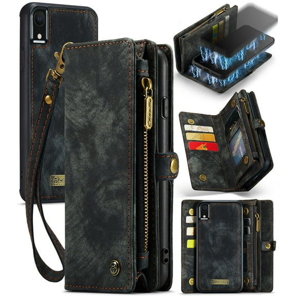 for iPhone XR Premium PU Leather Folding Case, Multiple Card Slots Design, Wrist Strap Zipper Pocket Kickstand Magnetic Snap, Wireless Charging for iPhone XR, Black