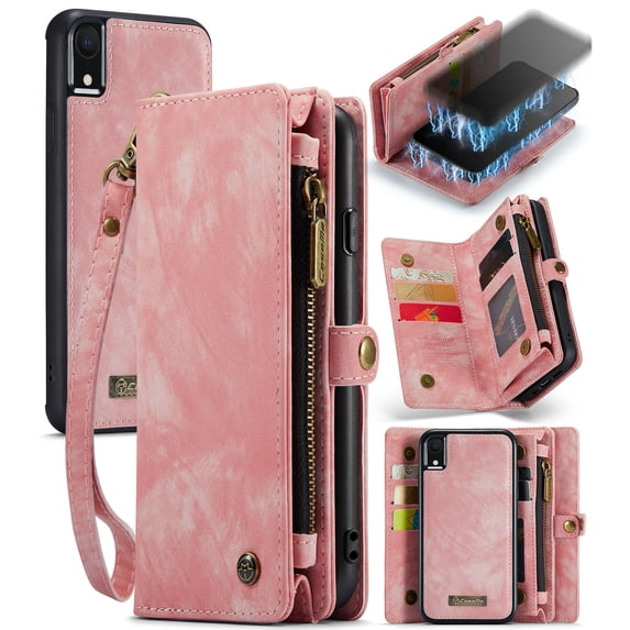 for iPhone XR Premium PU Leather Folding Case, Multiple Card Slots Design, Wrist Strap Zipper Pocket Kickstand Magnetic Snap, Wireless Charging for iPhone XR, Pink