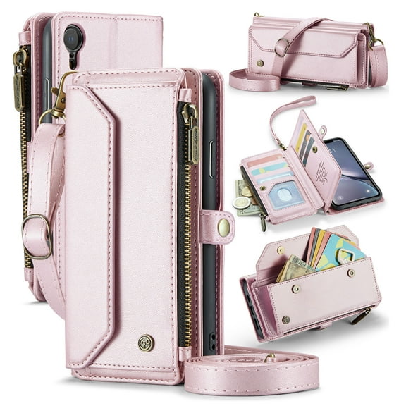 for iPhone XR Rugged Case, Classic PU Leather Shoulder Strap Wrist Strap Zipper Pocket RFID Blocking Wireless Charging Kickstand Case Cover for iPhone XR, Pink