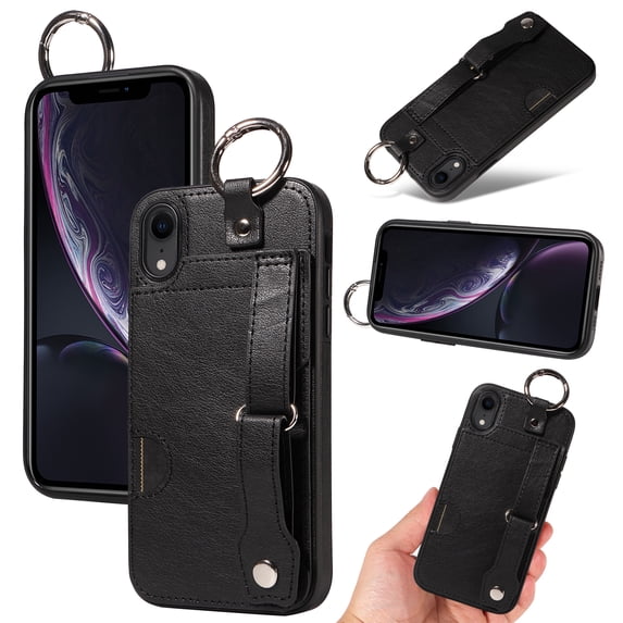 for iPhone XR Wallet Case with Card Holder, Hand Wrist Strap Loop Holder Kickstand, Finger Grip Ring Buckle PU Leather Double Buttons Shockproof Cover for iPhone XR, Black