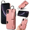 thumbnail image 1 of for iPhone XR Wallet Case with Card Holder, Hand Wrist Strap Loop Holder Kickstand, Finger Grip Ring PU Leather Double Buttons Shockproof Soft TPU Cover for iPhone XR, Pink, 1 of 10