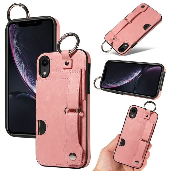 for iPhone XR Wallet Case with Card Holder, Hand Wrist Strap Loop Holder Kickstand, Finger Grip Ring PU Leather Double Buttons Shockproof Soft TPU Cover for iPhone XR, Pink