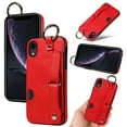 thumbnail image 1 of for iPhone XR Wallet Case with Card Holder, Hand Wrist Strap Loop Holder Kickstand, Finger Grip Ring PU Leather Double Buttons Shockproof Soft TPU Cover for iPhone XR, Red, 1 of 10