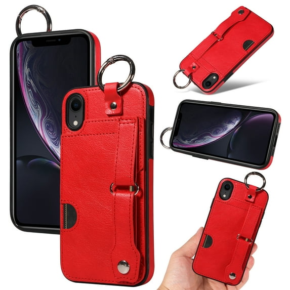 for iPhone XR Wallet Case with Card Holder, Hand Wrist Strap Loop Holder Kickstand, Finger Grip Ring PU Leather Double Buttons Shockproof Soft TPU Cover for iPhone XR, Red