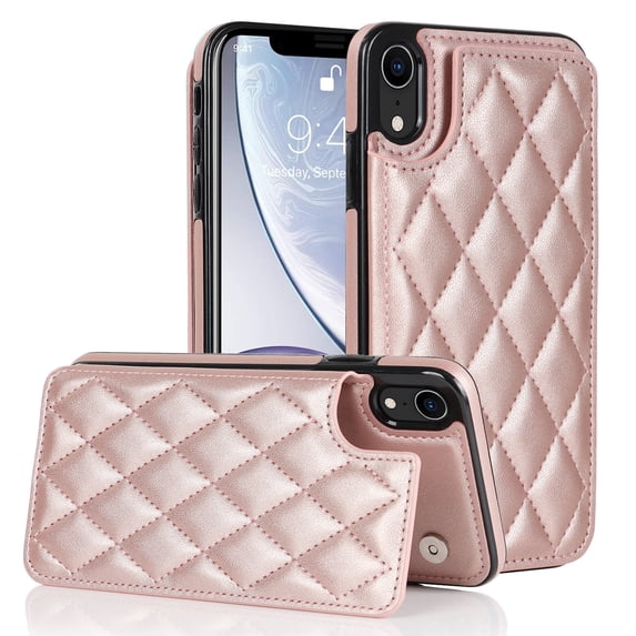for iPhone XR Wallet Case with Card Holder RFID Blocking, Kickstand Card Slots Case, Dimaond Patterned Elegent PU Leather,Double Back Flip Magnetic Clasp and Durable Shockproof Cover,Rosegold