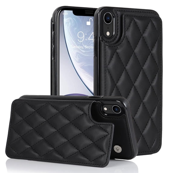 for iPhone XR Wallet Case with Card Holder RFID Blocking, Kickstand Card Slots Case, Dimaond Patterned Elegent PU Leather,Double Back Flip Magnetic Clasp and Durable Shockproof Cover,Black