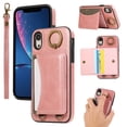 thumbnail image 1 of for iPhone XR Wallet Case with Card Slots, Hand Wrist Strap Rotate Ring Design, Finger Grip Ring PU Leather Magnetic Button Shockproof Purse Phone Cover for iPhone XR, Pink, 1 of 7